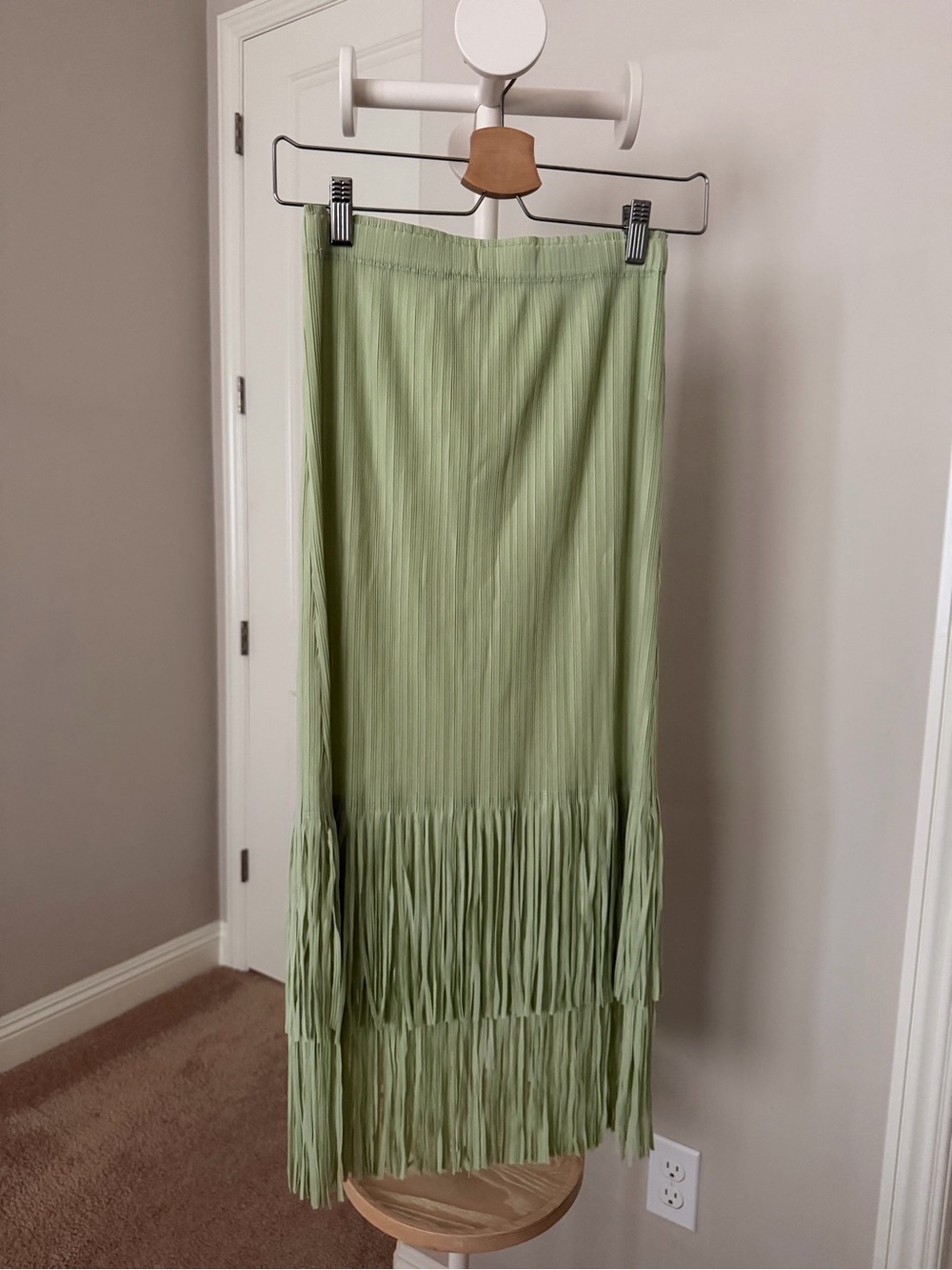 Issey Miyake Style Light Green Pleated Fringe Midi Skirt